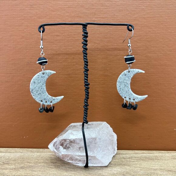 Crescent Moon Polymer Clay Hypoallergenic Silver Tone Handmade Dangle Earring - Picture 1 of 8